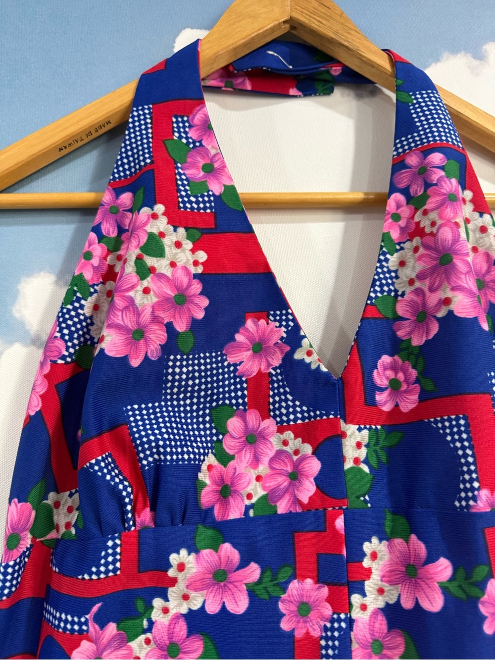 Vintage Floral Halter Maxi Dress - Bold Blue Pink Floral Geometric Print S/M fit - Picture 4 of 11